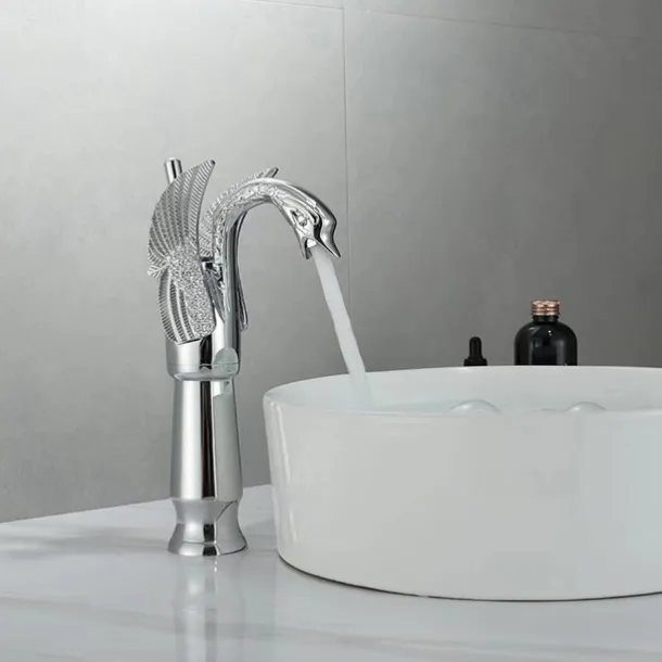 Vintage Bathroom Sink Mixer Faucet Brass Swan Shap, Monobloc Washroom Basin Taps Single Handle One Hole Deck Mounted, Mono Water Vessel Tap Hot and Cold Hose Antique Retro