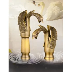 Vintage Bathroom Sink Mixer Faucet Brass Swan Shap, Monobloc Washroom Basin Taps Single Handle One Hole Deck Mounted, Mono Water Vessel Tap Hot and Cold Hose Antique Retro