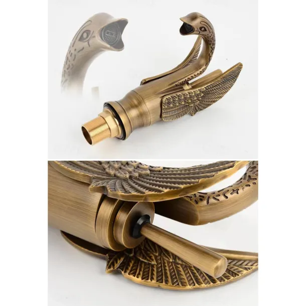 Vintage Bathroom Sink Mixer Faucet Brass Swan Shap, Monobloc Washroom Basin Taps Single Handle One Hole Deck Mounted, Mono Water Vessel Tap Hot and Cold Hose Antique Retro