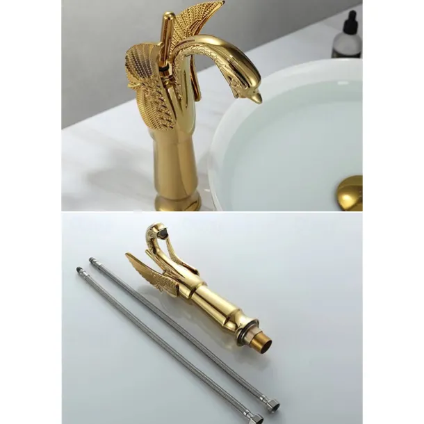 Vintage Bathroom Sink Mixer Faucet Brass Swan Shap, Monobloc Washroom Basin Taps Single Handle One Hole Deck Mounted, Mono Water Vessel Tap Hot and Cold Hose Antique Retro