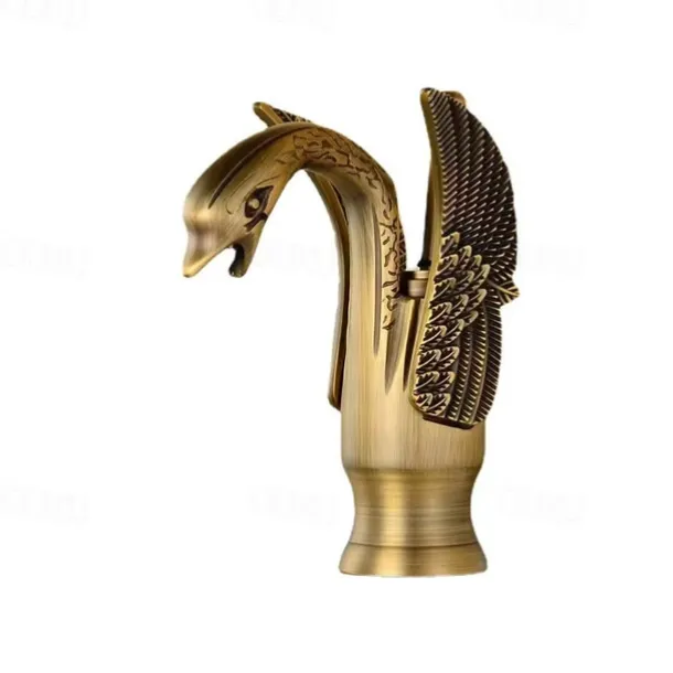 Vintage Bathroom Sink Mixer Faucet Brass Swan Shap, Monobloc Washroom Basin Taps Single Handle One Hole Deck Mounted, Mono Water Vessel Tap Hot and Cold Hose Antique Retro