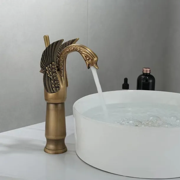 Vintage Bathroom Sink Mixer Faucet Brass Swan Shap, Monobloc Washroom Basin Taps Single Handle One Hole Deck Mounted, Mono Water Vessel Tap Hot and Cold Hose Antique Retro