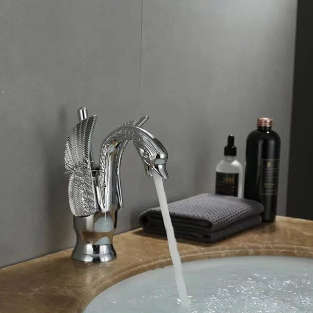 Vintage Bathroom Sink Mixer Faucet Brass Swan Shap, Monobloc Washroom Basin Taps Single Handle One Hole Deck Mounted, Mono Water Vessel Tap Hot and Cold Hose Antique Retro