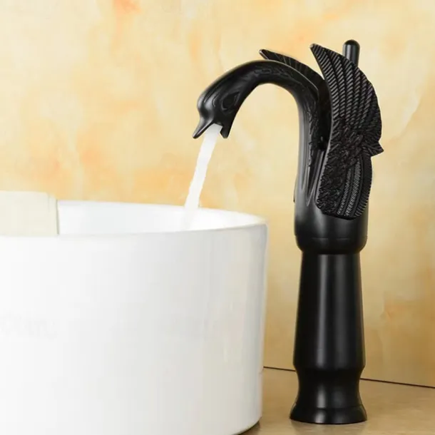 Vintage Bathroom Sink Mixer Faucet Brass Swan Shap, Monobloc Washroom Basin Taps Single Handle One Hole Deck Mounted, Mono Water Vessel Tap Hot and Cold Hose Antique Retro