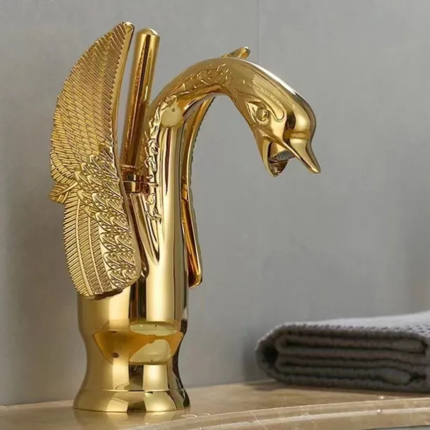 Vintage Bathroom Sink Mixer Faucet Brass Swan Shap, Monobloc Washroom Basin Taps Single Handle One Hole Deck Mounted, Mono Water Vessel Tap Hot and Cold Hose Antique Retro