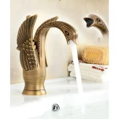 Vintage Bathroom Sink Mixer Faucet Brass Swan Shap, Monobloc Washroom Basin Taps Single Handle One Hole Deck Mounted, Mono Water Vessel Tap Hot and Cold Hose Antique Retro