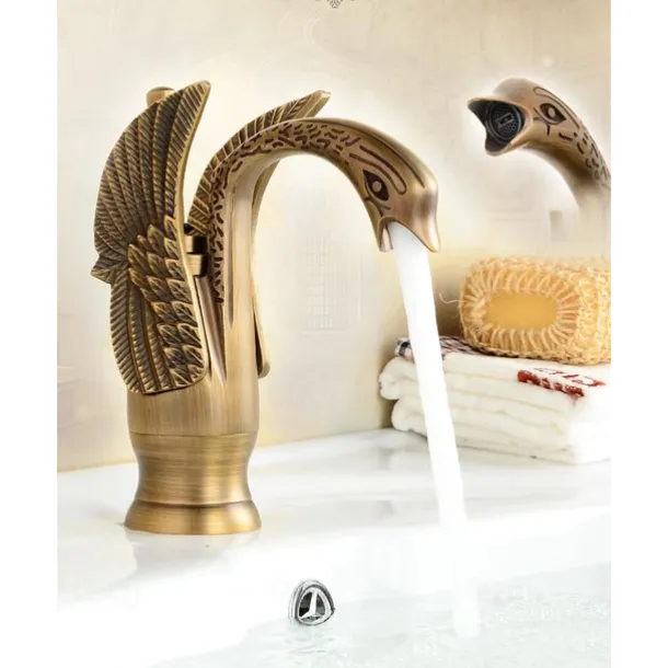 Vintage Bathroom Sink Mixer Faucet Brass Swan Shap, Monobloc Washroom Basin Taps Single Handle One Hole Deck Mounted, Mono Water Vessel Tap Hot and Cold Hose Antique Retro