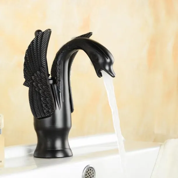 Vintage Bathroom Sink Mixer Faucet Brass Swan Shap, Monobloc Washroom Basin Taps Single Handle One Hole Deck Mounted, Mono Water Vessel Tap Hot and Cold Hose Antique Retro