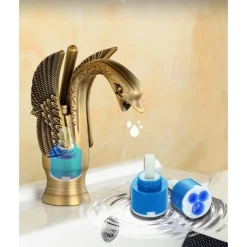 Vintage Bathroom Sink Mixer Faucet Brass Swan Shap, Monobloc Washroom Basin Taps Single Handle One Hole Deck Mounted, Mono Water Vessel Tap Hot and Cold Hose Antique Retro