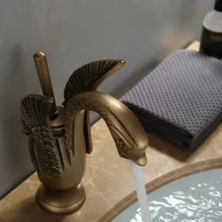 Vintage Bathroom Sink Mixer Faucet Brass Swan Shap, Monobloc Washroom Basin Taps Single Handle One Hole Deck Mounted, Mono Water Vessel Tap Hot and Cold Hose Antique Retro
