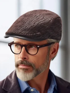 Vintage Brown Newsboy Beret Cap with Textured Pattern and Faux Leather Brim, Stylish Flat Cap for Men, Perfect for Casual Wear, Driving and Outdoor Activities