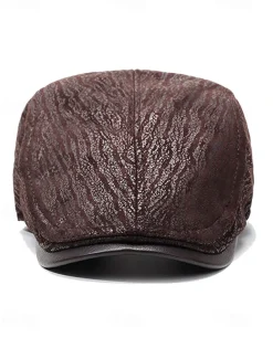 Vintage Brown Newsboy Beret Cap with Textured Pattern and Faux Leather Brim, Stylish Flat Cap for Men, Perfect for Casual Wear, Driving and Outdoor Activities