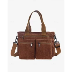 Vintage Corduroy Tote Bag with Multiple Zippered Pockets - Casual Handbag for Women