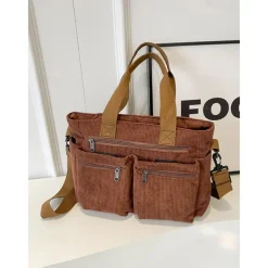 Vintage Corduroy Tote Bag with Multiple Zippered Pockets - Casual Handbag for Women