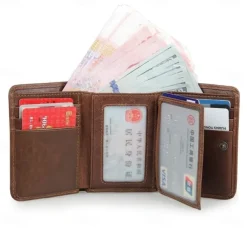Vintage Genuine Leather Mens Trifold Wallet with Coin Pocket