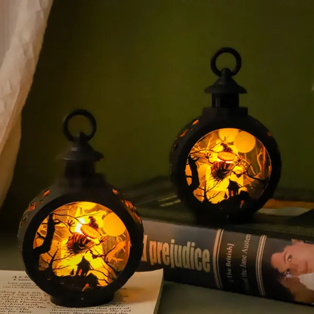 Vintage Halloween Decoration Lantern Electronic Candle Light Lighted Ghost Night Light, LED Light Up Pumpkin Light Ghost Festival Creative Decoration Props Hand-Held Small Oil Lamp 1pc