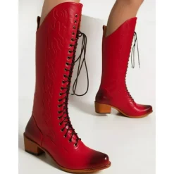 Vintage Red Lace-Up Western Cowboy Boots - Women's Knee-High Leather Boots for Country and Western Events