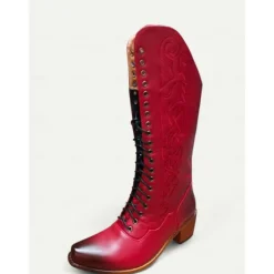 Vintage Red Lace-Up Western Cowboy Boots - Women's Knee-High Leather Boots for Country and Western Events