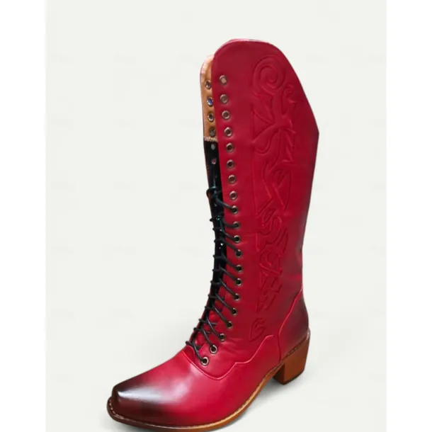 Vintage Red Lace-Up Western Cowboy Boots - Women's Knee-High Leather Boots for Country and Western Events