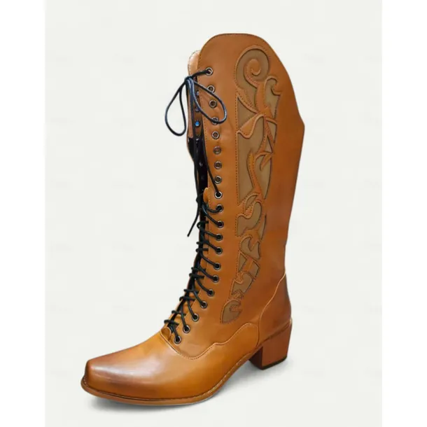 Vintage Red Lace-Up Western Cowboy Boots - Women's Knee-High Leather Boots for Country and Western Events