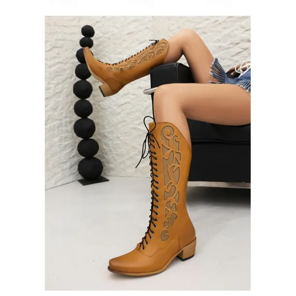 Vintage Red Lace-Up Western Cowboy Boots - Women's Knee-High Leather Boots for Country and Western Events