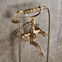 Vintage Shower System Faucet Set Wall Mounted, 360 Swivel Antique Brass Bathroom Shower Head Facuet Kit with Handheld Shower Head Sprayer Ceramic Valve Bath Mixer Tap