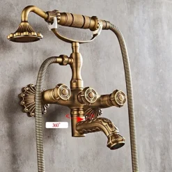 Vintage Shower System Faucet Set Wall Mounted, 360 Swivel Antique Brass Bathroom Shower Head Facuet Kit with Handheld Shower Head Sprayer Ceramic Valve Bath Mixer Tap