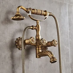 Vintage Shower System Faucet Set Wall Mounted, 360 Swivel Antique Brass Bathroom Shower Head Facuet Kit with Handheld Shower Head Sprayer Ceramic Valve Bath Mixer Tap