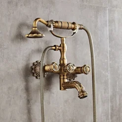 Vintage Shower System Faucet Set Wall Mounted, 360 Swivel Antique Brass Bathroom Shower Head Facuet Kit with Handheld Shower Head Sprayer Ceramic Valve Bath Mixer Tap