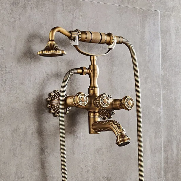 Vintage Shower System Faucet Set Wall Mounted, 360 Swivel Antique Brass Bathroom Shower Head Facuet Kit with Handheld Shower Head Sprayer Ceramic Valve Bath Mixer Tap