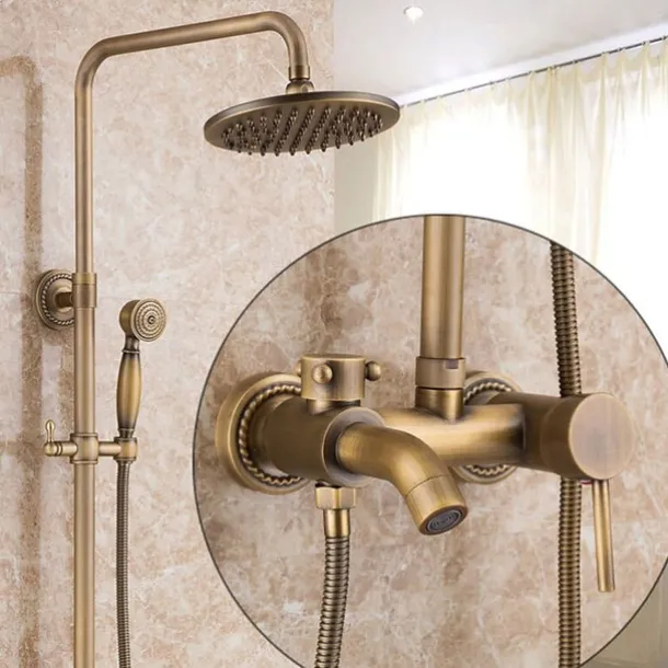 Vintage Shower System Faucet Set, 8" Rainfall Shower Head with Handheld Handshower Combo Kit Wall Mounted, Adjustable Brass Body and Single Handle One Hole Bath Shower Mixer Taps