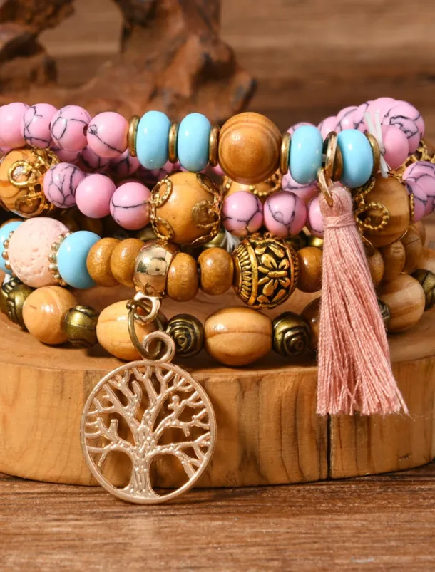 Vintage Style Ball Fashion Personalized Wood Bracelet Jewelry Black / White / Pink For Holiday