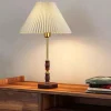 Vintage Table Lamp Wooden with Tapered Drum Fabric Shade Table Lamp Living Room, 5W Bedroom Study Desk Lamp 110-240V