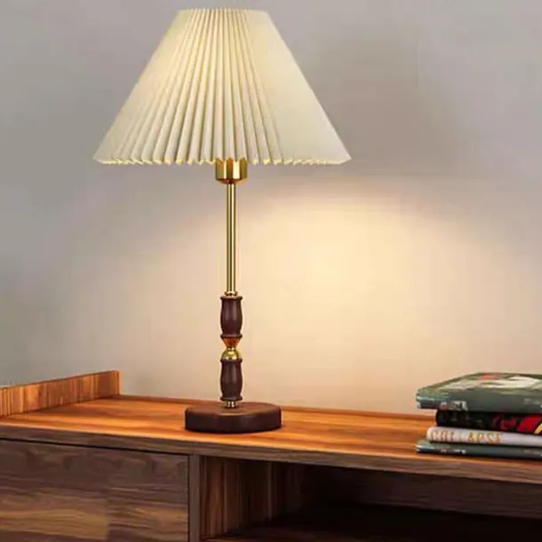 Vintage Table Lamp Wooden with Tapered Drum Fabric Shade Table Lamp Living Room, 5W Bedroom Study Desk Lamp 110-240V