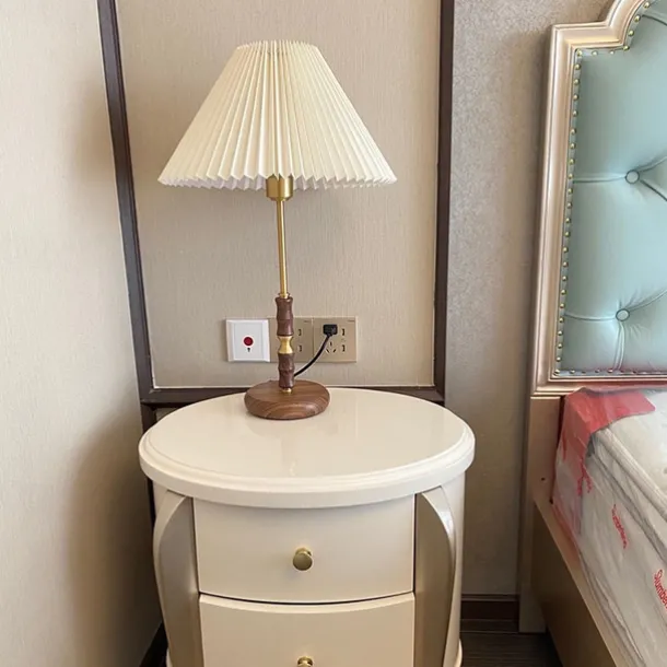 Vintage Table Lamp Wooden with Tapered Drum Fabric Shade Table Lamp Living Room, 5W Bedroom Study Desk Lamp 110-240V