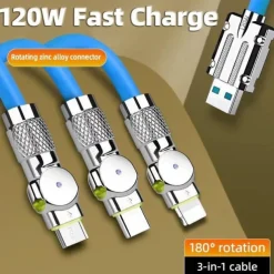 120W 3 in 1 Super Fast Charging Cable Micro USB Type c Gaming180° Rotating Data Cable For Huawei Smart Phone Silicone Cable