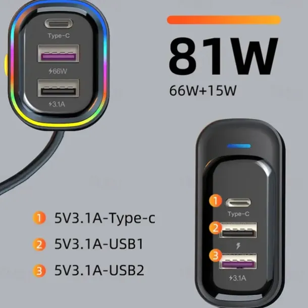 81W Car Charger Adapter 6 in 1 Back Row with Clips Fast Charging Type C Slot Universal 81W Super Fast Car Charging