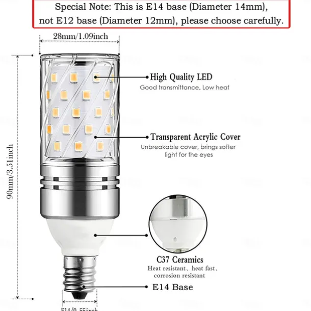 12W E14 E27 Led Candlestick Bulb AC85-265V Silver LED Corn Bulb Two-color Temperature Corn Lamp Equivalent to the Traditional 100 Watt 1400lm Led Chandelier Bulb