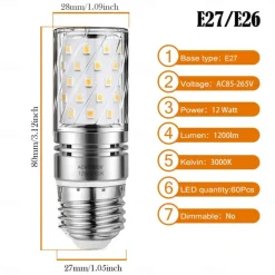 12W E14 E27 Led Candlestick Bulb AC85-265V Silver LED Corn Bulb Two-color Temperature Corn Lamp Equivalent to the Traditional 100 Watt 1400lm Led Chandelier Bulb