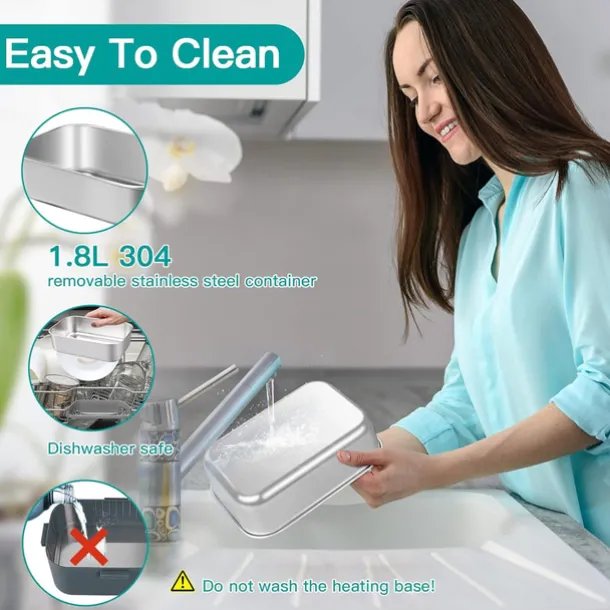 75W Electric Heated Lunch Box 1.8L Food Heater/Warmer Portable Heated Lunch Boxes Leak Proof Removable 304 Stainless Steel Container