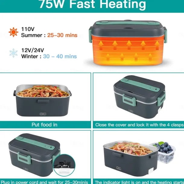 75W Electric Heated Lunch Box 1.8L Food Heater/Warmer Portable Heated Lunch Boxes Leak Proof Removable 304 Stainless Steel Container