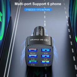 75W Fast Charging 6-Ports QC3.0 & 5 USB 15A Car Charger Adapter Fast Charging Portable Phone Adapter For Android Charger