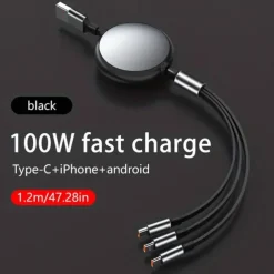 100W Super Fast Charge 3-in-1 Retractable Charging Cable For Apple Android Type-C USB Charge Car Multifunctional Mobile Phone Electronic Accessories