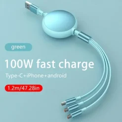 100W Super Fast Charge 3-in-1 Retractable Charging Cable For Apple Android Type-C USB Charge Car Multifunctional Mobile Phone Electronic Accessories