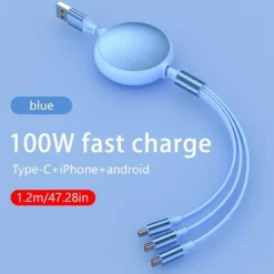 100W Super Fast Charge 3-in-1 Retractable Charging Cable For Apple Android Type-C USB Charge Car Multifunctional Mobile Phone Electronic Accessories