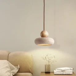 Wabi Sabi Natural Stone Shade Pendant Lamp Round Modern Wood Chandelier Bedroom Bedside Light for Living Dining Room Table Ceiling Hanging Lamp 15cm 110-240V