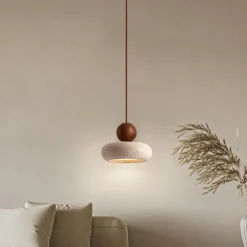 Wabi Sabi Natural Stone Shade Pendant Lamp Round Modern Wood Chandelier Bedroom Bedside Light for Living Dining Room Table Ceiling Hanging Lamp 15cm 110-240V
