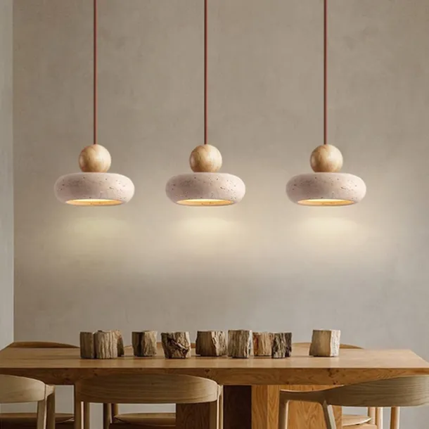 Wabi Sabi Natural Stone Shade Pendant Lamp Round Modern Wood Chandelier Bedroom Bedside Light for Living Dining Room Table Ceiling Hanging Lamp 15cm 110-240V