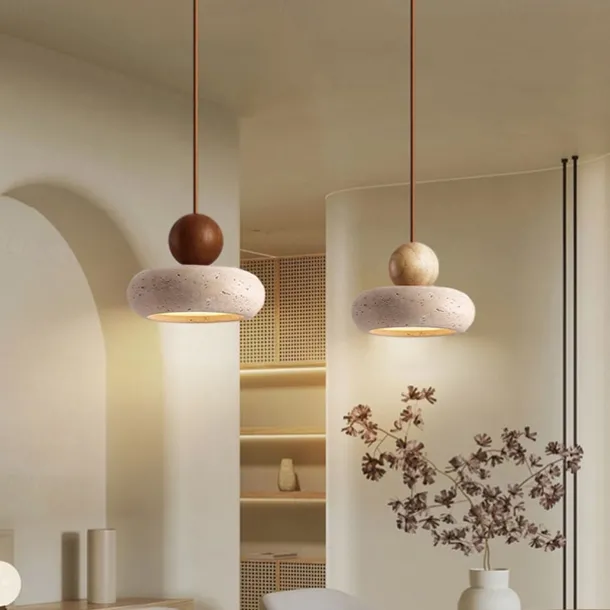 Wabi Sabi Natural Stone Shade Pendant Lamp Round Modern Wood Chandelier Bedroom Bedside Light for Living Dining Room Table Ceiling Hanging Lamp 15cm 110-240V