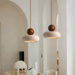 Wabi-Sabi Style Bedside Hanging Lighting Chandelier Fixture Yellow Travertine Small Pendant Light 85-265V